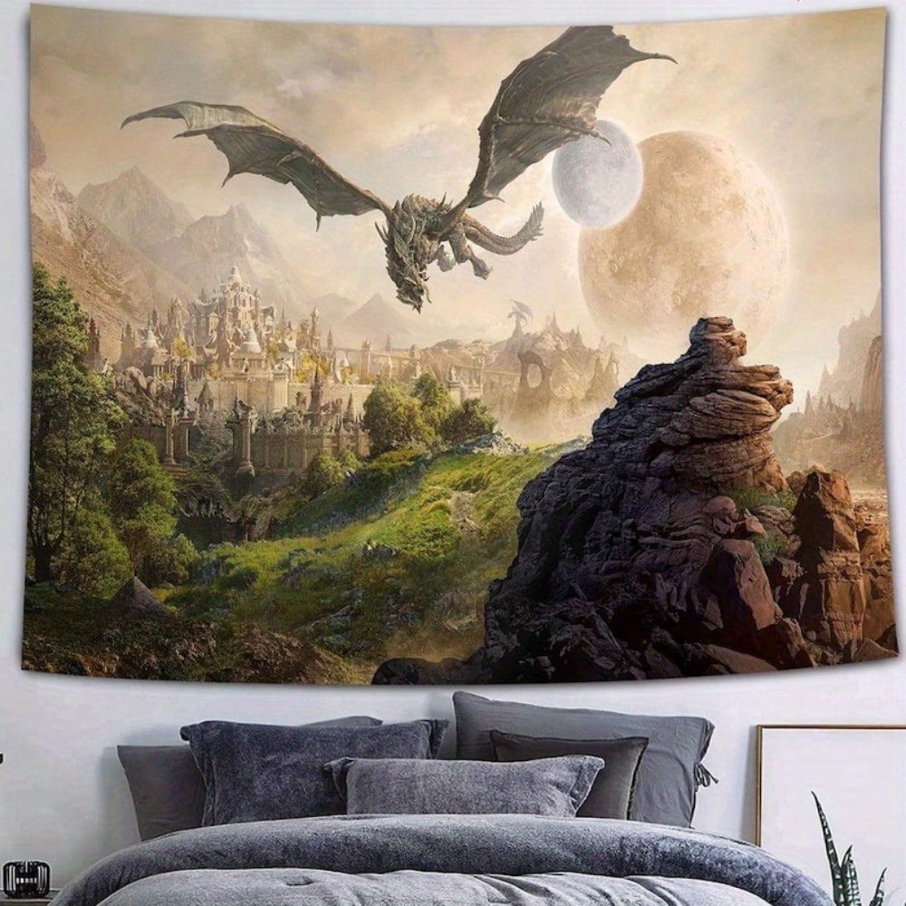 Home Office Background - 1pc Fantasy Castle Flying Dragon Sfondo